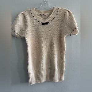Pink Tartan Cream Short Sleeve Sweater with Black Bow and Accents